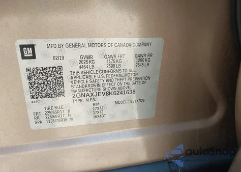 2019 Chevrolet Equinox Lt из США, поврежденный, VIN 2GNAXJEV8K6241638